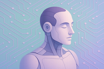 Cybernetic humanoid robot with smooth aesthetics and closed eyes stands against circuit board background in soft purple and blue tones