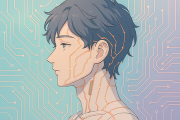 Cybernetic young man with blue hair and circuit aesthetics on his skin looks thoughtfully to side against pastel tech background