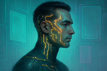 Cybernetic man with glowing circuit lines on face and neck in futuristic aesthetics style