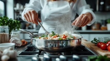 A talented chef passionately stirs colorful ingredients in a frying pan, showcasing culinary skills and creativity in a modern kitchen filled with fresh produce and homey vibes.