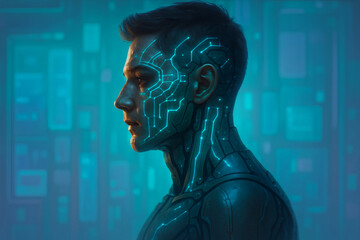 Cybernetic man with glowing blue circuit patterns on his face and neck showcases futuristic aesthetics in dimly lit high tech environment