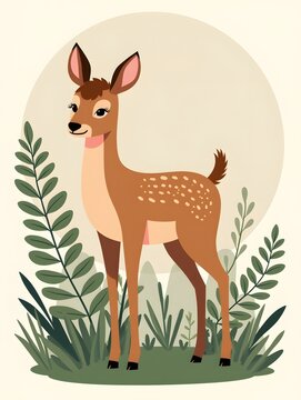 Young deer standing near green fern with circular background in natural earthy tones illustration