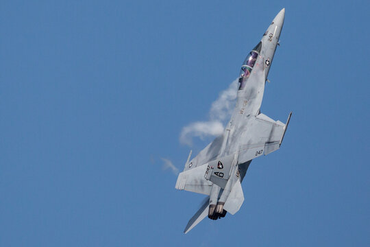 An F/A-18 Super Hornet performing at an airshow.