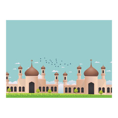 Mosque Silhouette with Minarets Against Blue Sky Birds. Vector illustration