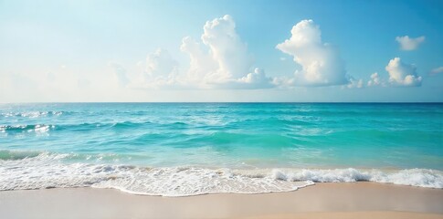 Fototapeta premium Vast, tranquil ocean meeting the sky at the horizon Calm waves gently lap the shore, creating a serene and peaceful seascape Perfect for travel, nature, or relaxation themes , rocks, waves, summer