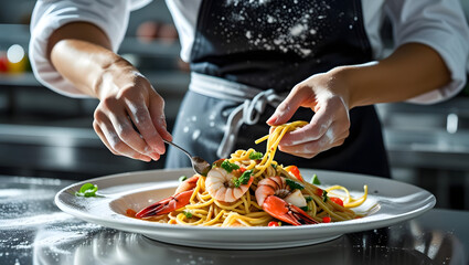 "Chef Preparing Gourmet Seafood Pasta in Professional Kitchen"

