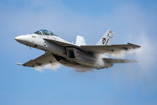 An F/A-18 Super Hornet performing at an airshow.