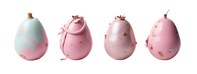 A group of three pink and blue painted eggs