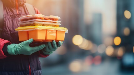 Delivery worker in uniform holding multiple food boxes while standing outside a residential building. Promotional content. The background space for text.