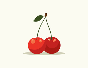 Stylized cherries with a green leaf on a light background