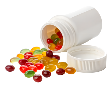 A white plastic pill bottle tipped over with colorful gel capsules spilling out. The capsules are in various colors including red, yellow, green, and orange.