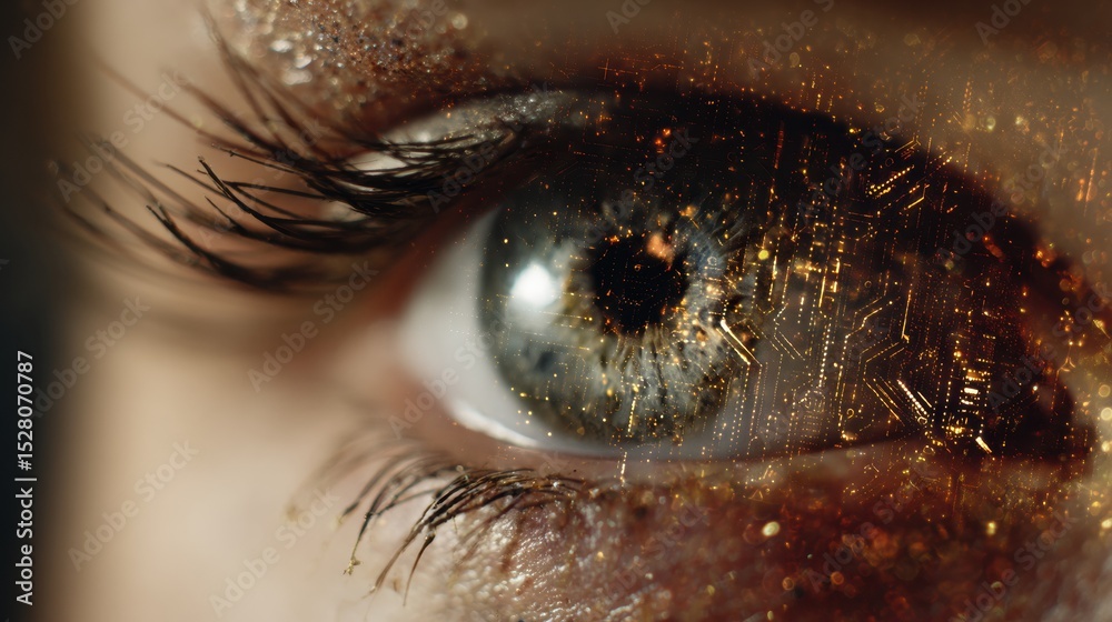 Poster close-up of glowing human iris with futuristic overlay showcasing intricate design elements