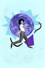 Vertical 3d poster art collage of happy girl guy stand space galaxy moon planet cosmos discovery...