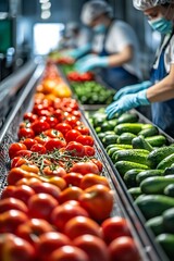 Workers Sort Fresh Tomatoes and Cucumbers on Conveyor Belt