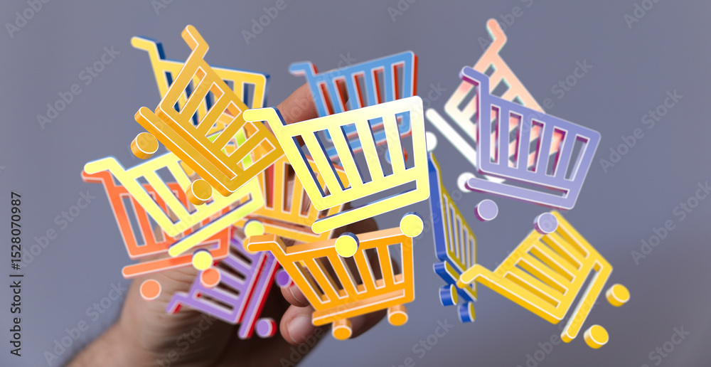 Poster 3D rendering of colorful shopping carts in hand, symbolizing online shopping and e-commerce.