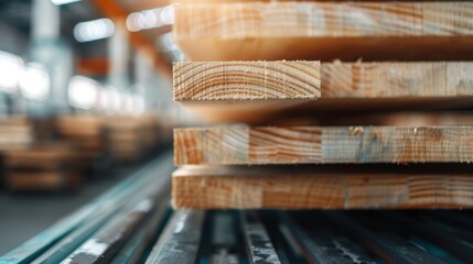 A close-up view of stacked wooden boards in a well-lit workshop, showcasing the grain pattern and texture of the wood, emphasizing craftsmanship and natural materials in construction.