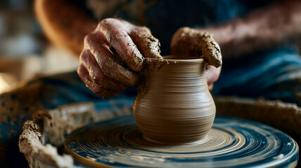Crafting Clay: Skilled hands mold a vase on a spinning wheel, shaping earth into art in a timeless tradition of artistry.