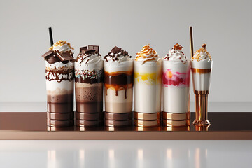 Assorted Colorful Milkshakes and Dessert Drinks in Glasses with Whipped Cream and Toppings Generative AI