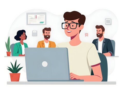 Young man conferencing with diverse colleagues in flat style digital remote work illustration