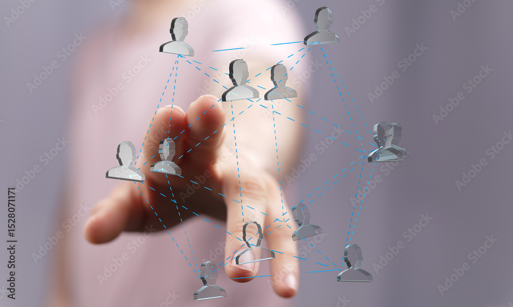Poster Abstract image of a hand connecting with a network of digital people, representing global communication and networking.