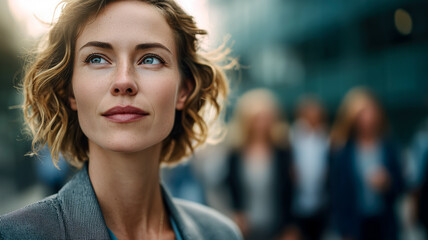 Fototapeta premium Confident woman looks toward future with determination. Professional setting with soft focus background of colleagues. Hopeful, focused.