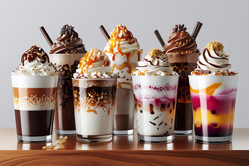 Assorted Colorful Milkshakes and Dessert Drinks in Glasses with Whipped Cream and Toppings Generative AI