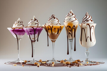 Assorted Gourmet Ice Cream Sundaes with Chocolate and Caramel Toppings Generative AI