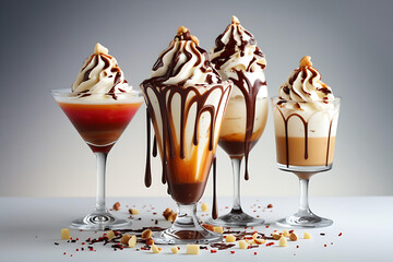 Assorted Gourmet Ice Cream Sundaes with Chocolate and Caramel Toppings Generative AI