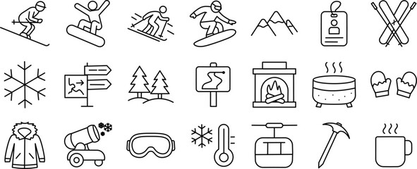 Winter Sports and Activities Stroke Icon Collection. Containing Skiing, Snowboarding, Hot Tub, Fireplace, and more icons. Editable Stroke Icon Collection Outline Icon.