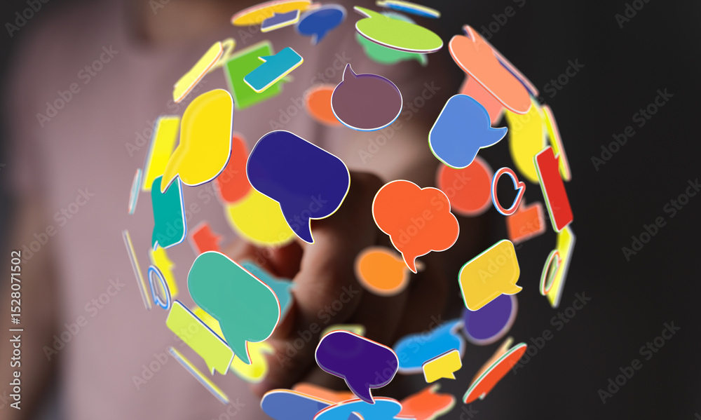 Aufkleber Abstract image of colorful speech bubbles forming a global network, representing communication and connection.