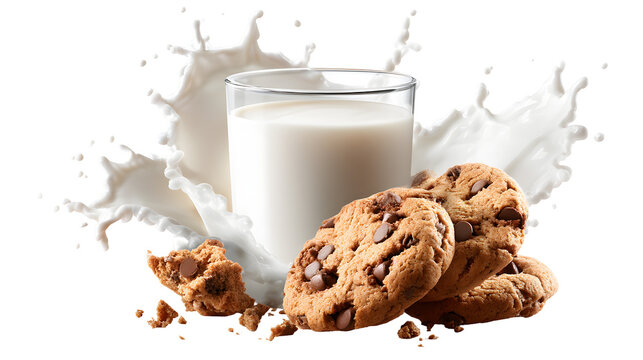 A glass of milk with a few chocolate chip cookies on top of it. The cookies are crumbly and the milk is white - Powered by Adobe