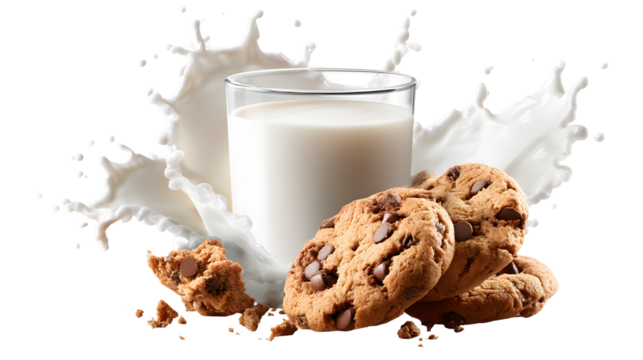 A glass of milk with a few chocolate chip cookies on top of it. The cookies are crumbly and the milk is white