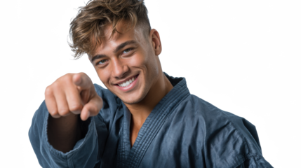 Enthusiastic Practitioner: A smiling young person in martial arts attire directs attention forward with a friendly expression. The studio's atmosphere exudes confidence and the art of self-defense.
