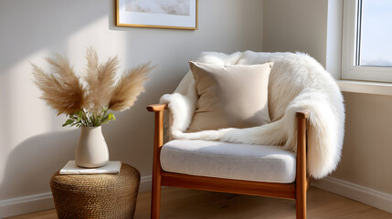 A bright space featuring comfy chair with fur blanket and cozy decorative pillows, a stylish interior bathed in soft natural light.