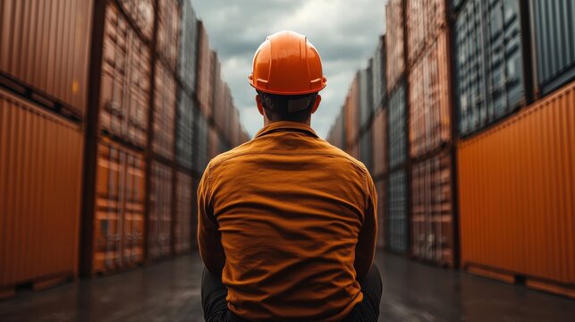 A worker in an orange hard hat sits among shipping containers, symbolizing the logistics industry and the importance of safety in a bustling transportation environment.