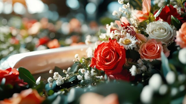A touching floral arrangement featuring roses and daisies, elegantly presented around a casket, symbolizing love, remembrance, and the transient nature of life.