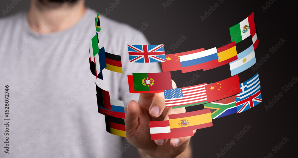 Poster Image of a person interacting with a digital display of various national flags, representing global communication and international relations.