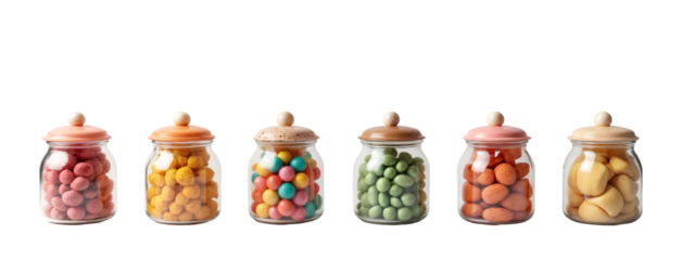 A row of glass jars filled with different colored candies.