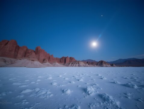 Salt flats and rock formations under a bright moon
