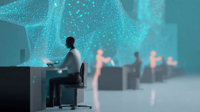 A serene office environment with a team of engineers collaborating over digital tablets utilizing neural network analytics to adjust and monitor the 3D printing job queue in realtime.
