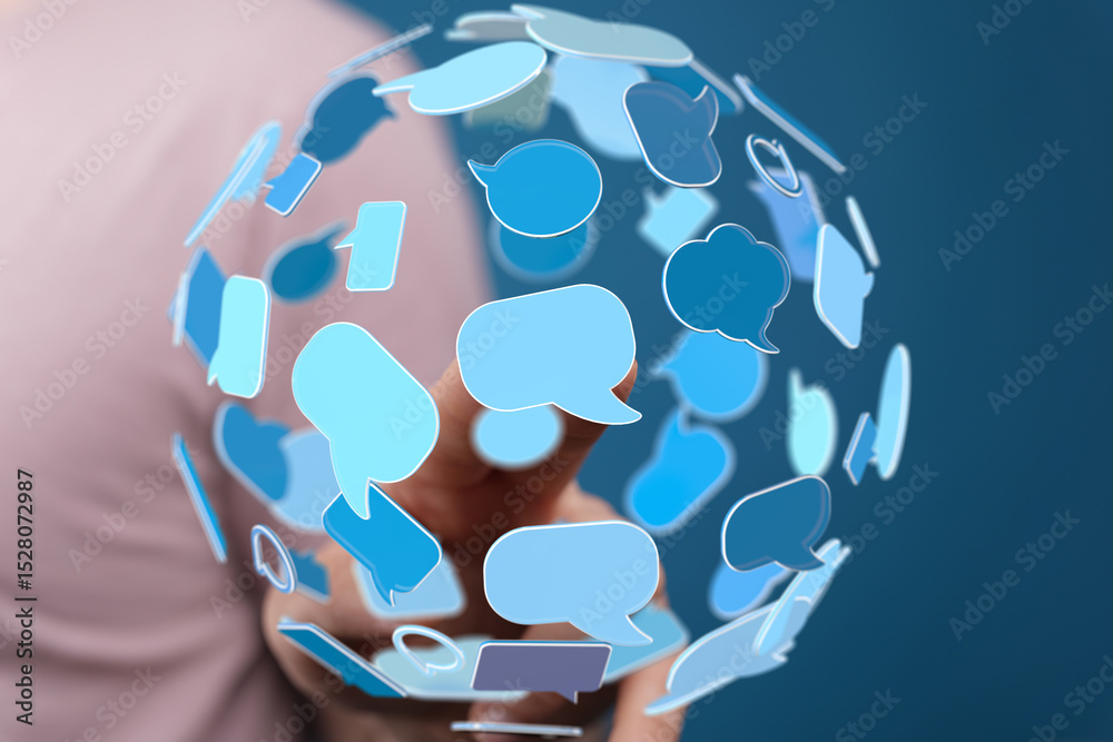 Poster Abstract image of a person interacting with a sphere of communication bubbles.  Illustrates global connectivity and digital conversations.