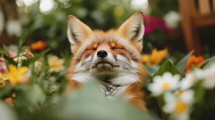 A serene red fox resting peacefully in a vibrant garden filled with colorful flowers, showcasing its peaceful demeanor and the beauty of nature.