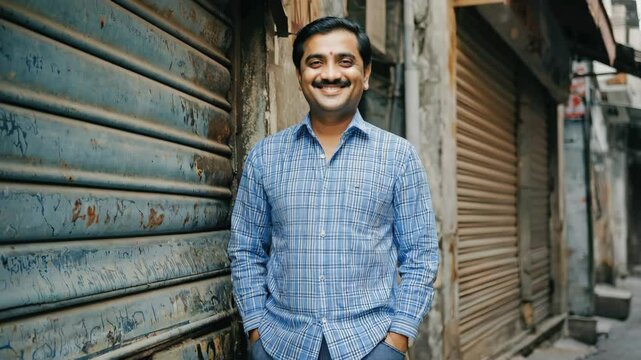 Indian shopkeeper standing near closed storefront, wearing blue checkered shirt, hands tucked casually in pockets, embodying local street atmosphere