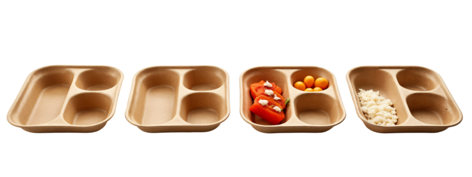 A set of three brown plastic trays with different types of food.