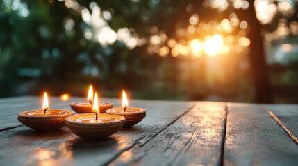Several candles burn softly in the twilight, creating a warm and inviting atmosphere, perfect for romantic settings, celebrations, or peaceful relaxation moments reflecting inner calmness.