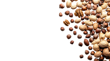 A close up of nuts, including peanuts and walnuts, scattered across a white background. The nuts are of various sizes and shapes, creating a sense of depth and texture
