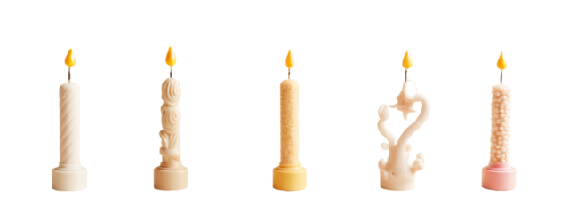 A group of four different colored candles sitting next to each other.