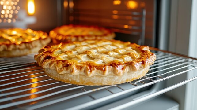This mouthwatering image showcases several golden brown pies baking in an oven, highlighting their flaky crusts and inviting aroma, perfect for tempting anyone with a sweet tooth.