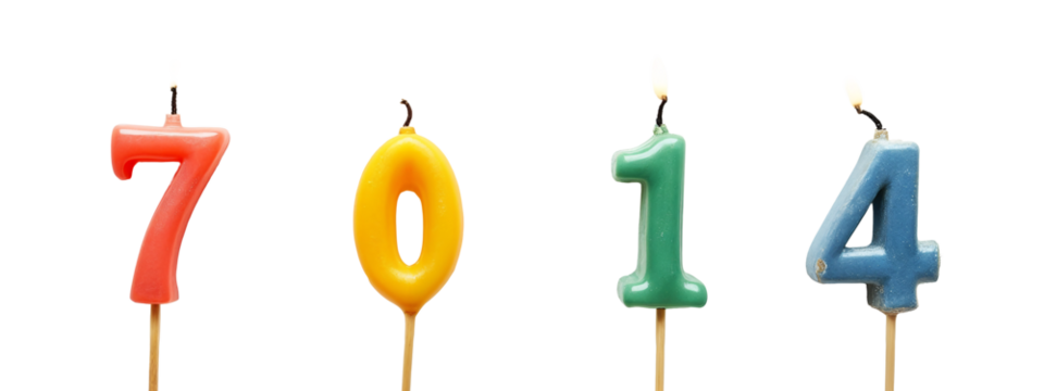 A row of colorful birthday candles with the number 7 on them.