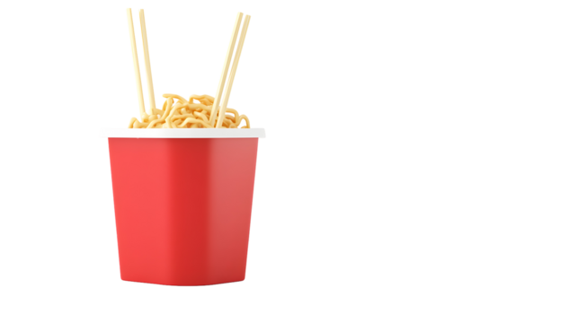 A red container with chopsticks in it. The container is filled with noodles. The image has a playful and lighthearted mood